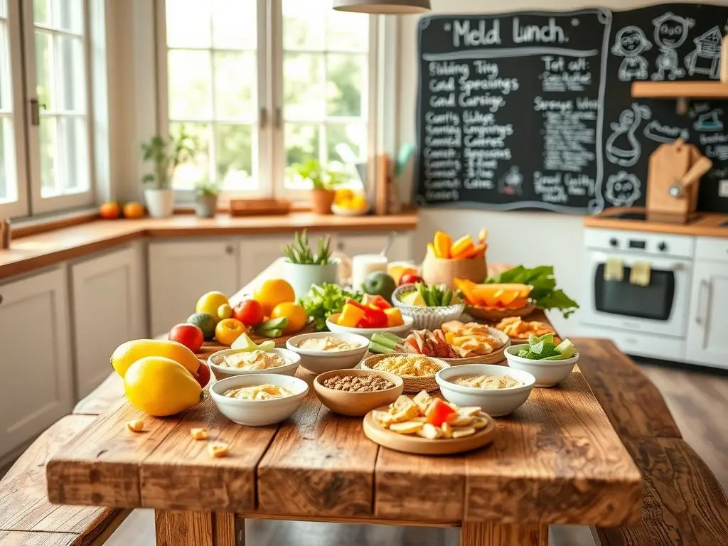 Kid-friendly cold lunch box with turkey and cheese roll-ups, fresh fruit, and veggie sticks.