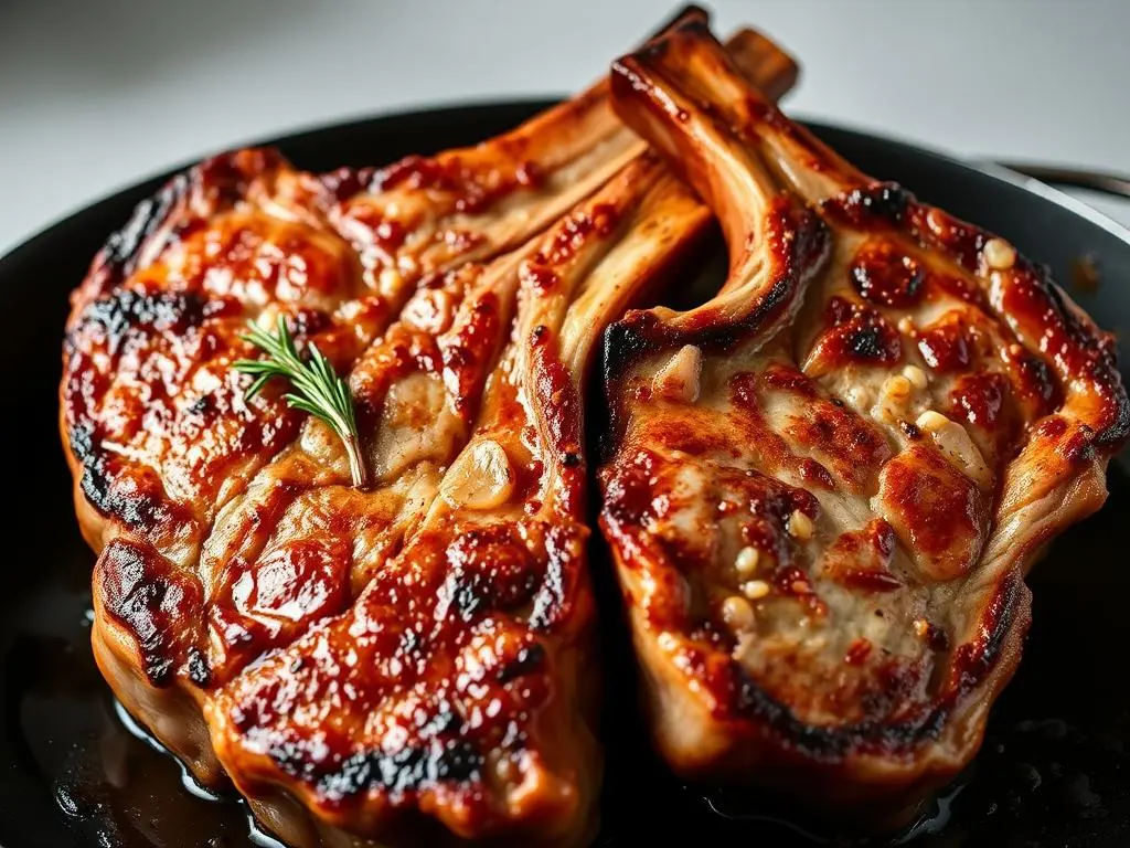 Juicy and tender lamb chops seared to perfection in a cast-iron skillet, garnished with herbs.