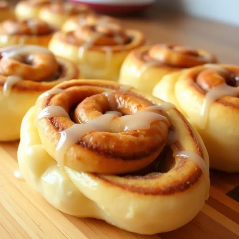 Warm and gooey crescent roll cinnamon rolls drizzled with vanilla glaze, served on a white plate.