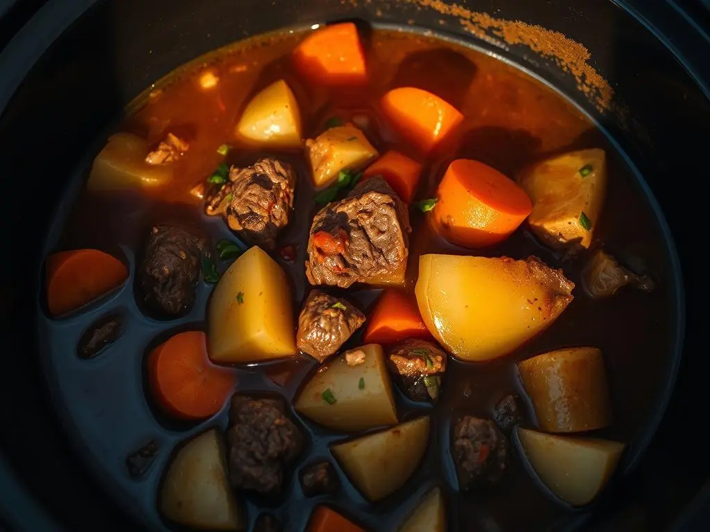 Comforting slow cooker beef stew with onion soup mix, packed with flavorful vegetables and savory gravy.