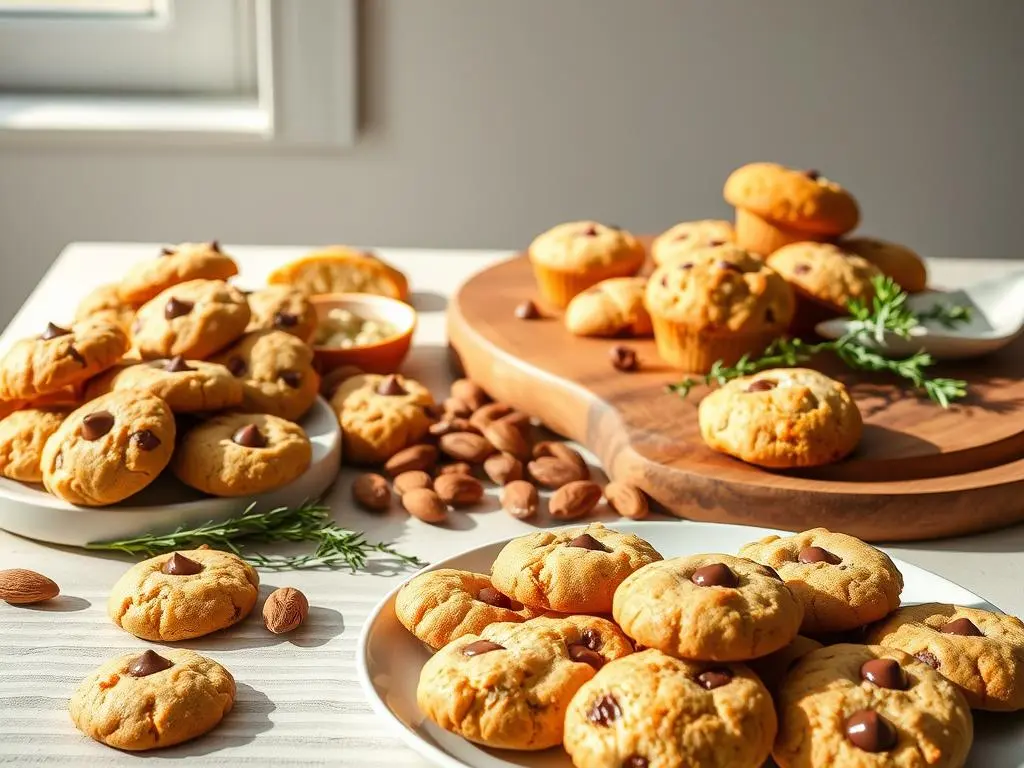 Delicious gluten-free almond flour chocolate chip cookies stacked on a rustic wooden plate.