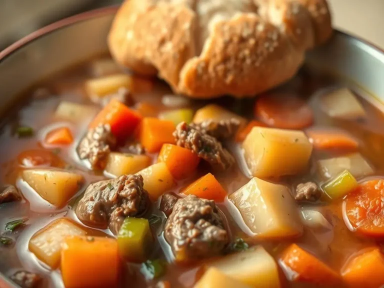 Hearty Instant Pot vegetable beef soup with tender chunks of beef, carrots, and potatoes in a rich broth.