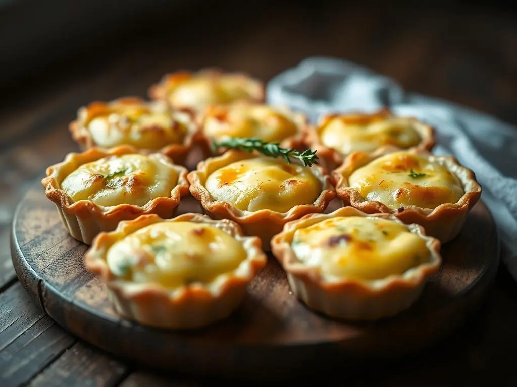 Delicious bite-sized puff pastry quiches with a creamy filling, garnished with fresh herbs.