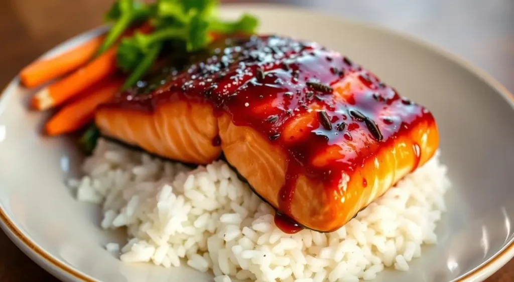 Perfectly cooked teriyaki salmon on a plate with a side of roasted asparagus and a drizzle of sauce.