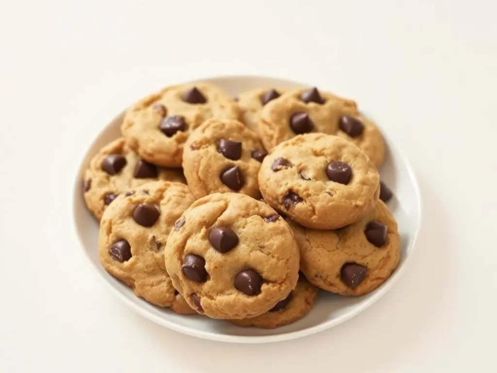 Soft and chewy almond flour chocolate chip cookies with crispy edges, served with a glass of milk.