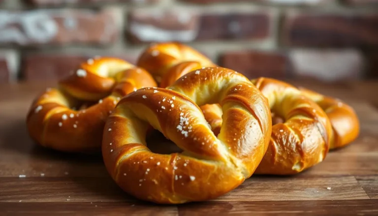 Golden-brown homemade gluten-free soft pretzels with a chewy texture, sprinkled with coarse salt.