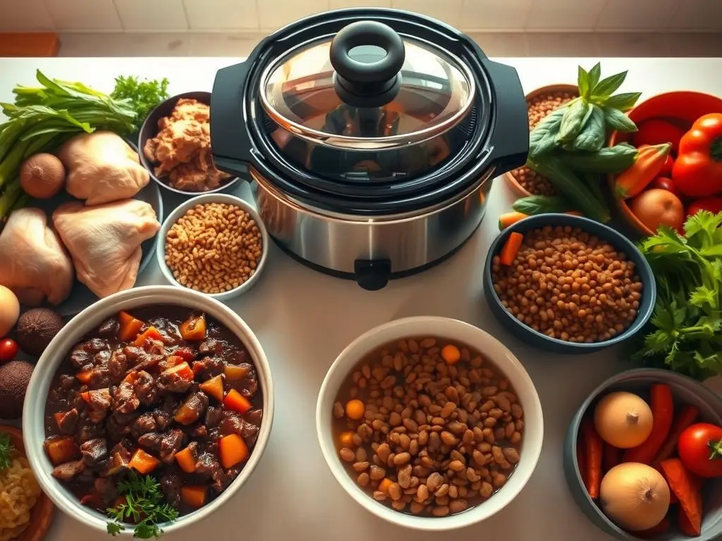 Healthy crock pot shredded chicken with a flavorful sauce, ready to be served over rice or salad.