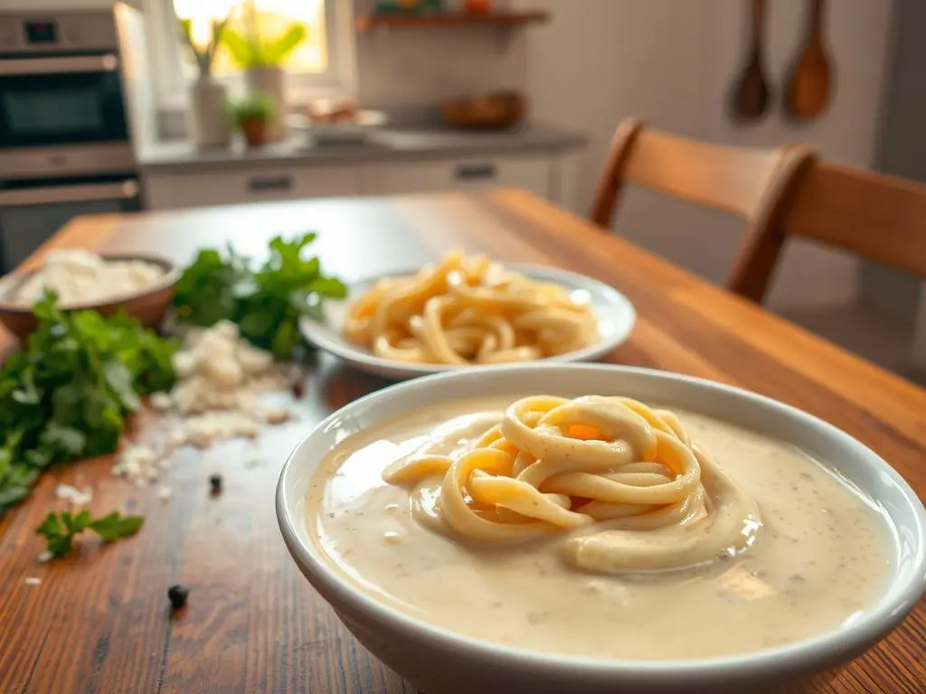 Spicy Cajun Alfredo sauce drizzled over pasta, garnished with fresh parsley and red pepper flakes.