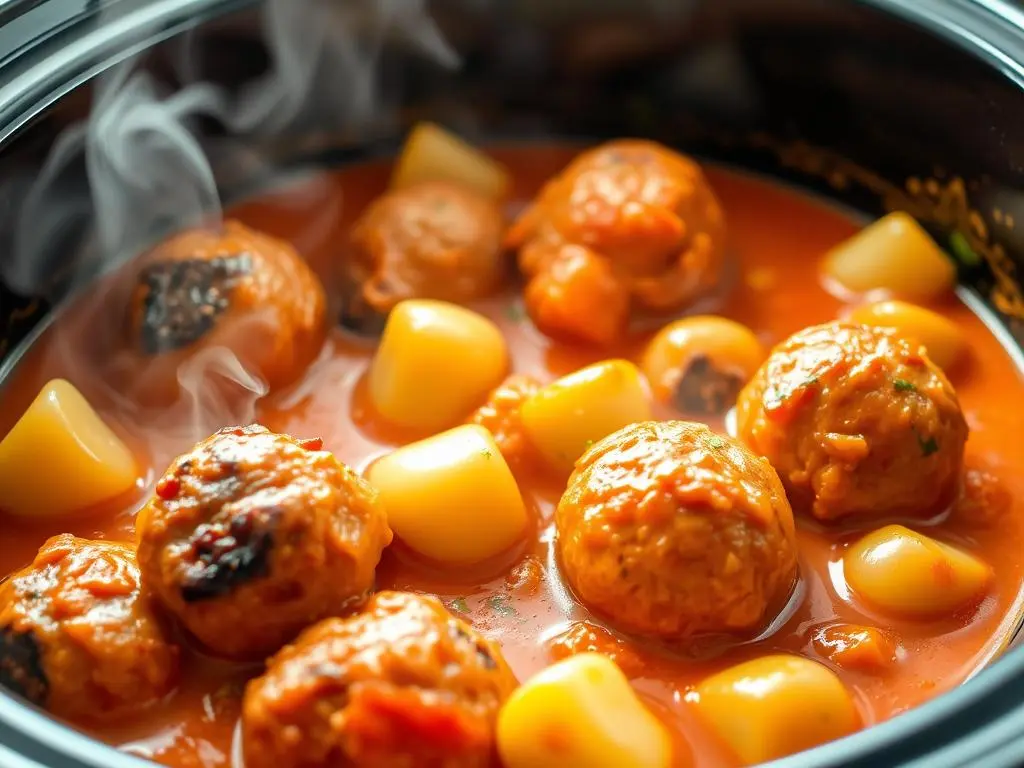 Hearty Tuscan-style chicken meatballs with spinach and sun-dried tomatoes in a rich, slow-cooked sauce.