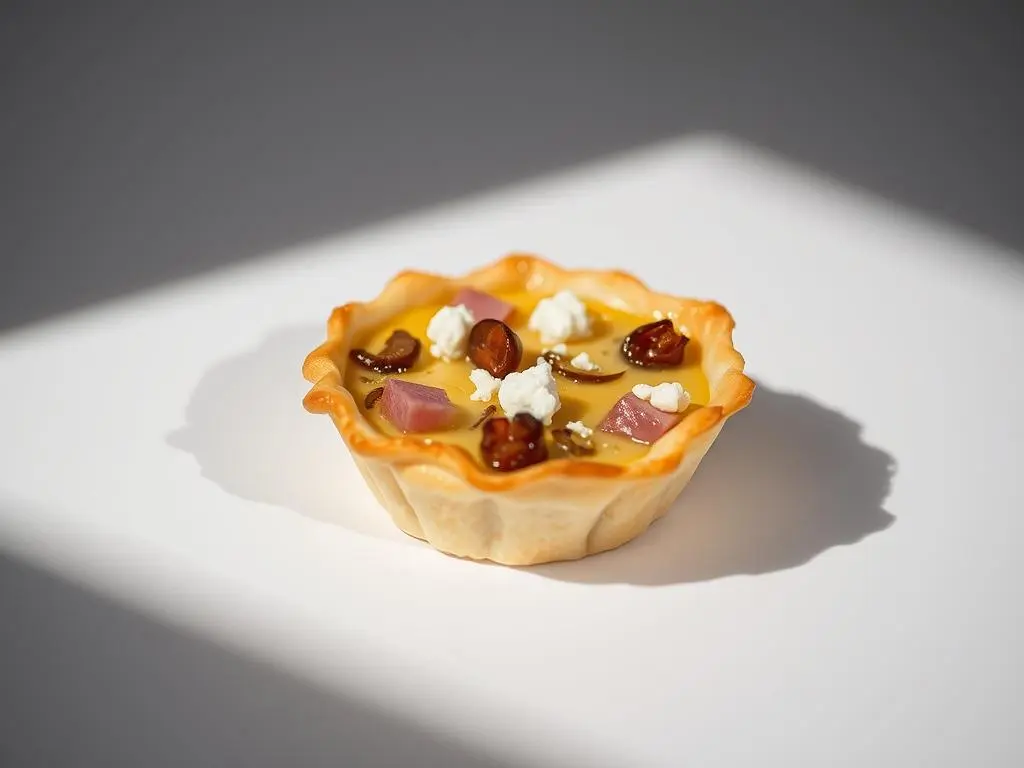 Easy homemade mini quiches in puff pastry cups, baked to perfection and ready to serve.