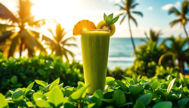 Refreshing island green smoothie in a glass, packed with spinach, mango, banana, and coconut water.