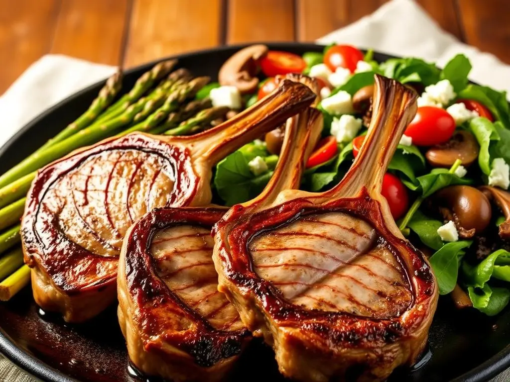 Delicious pan-seared lamb chops plated with roasted vegetables and a drizzle of balsamic glaze.