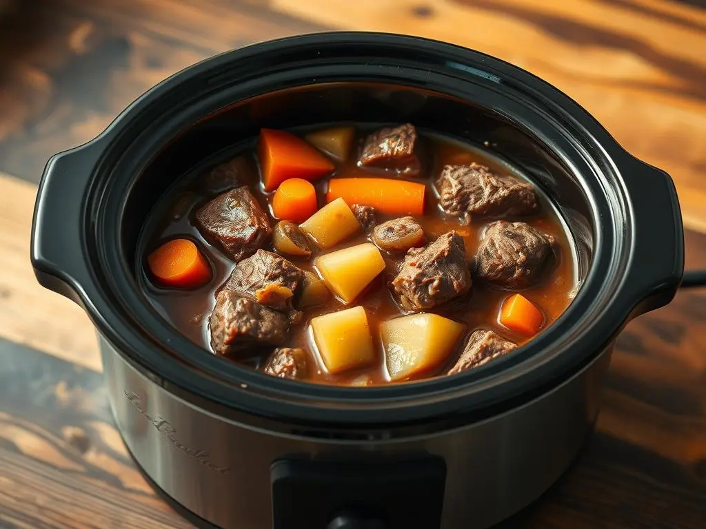 Delicious homemade beef stew simmered in a slow cooker, served in a rustic bowl with fresh herbs.