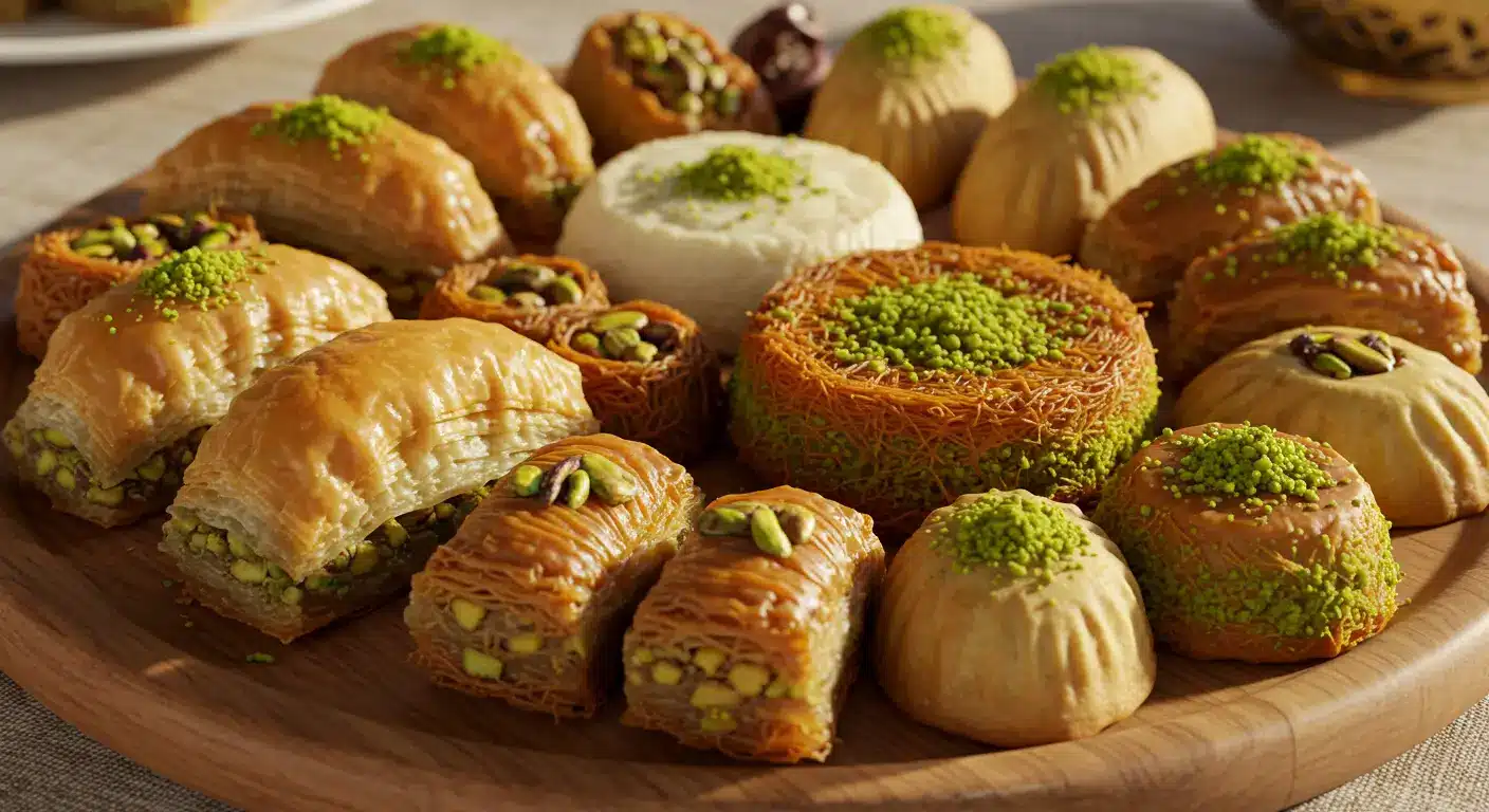 platter of assorted middle eastern desserts with pistachio topping