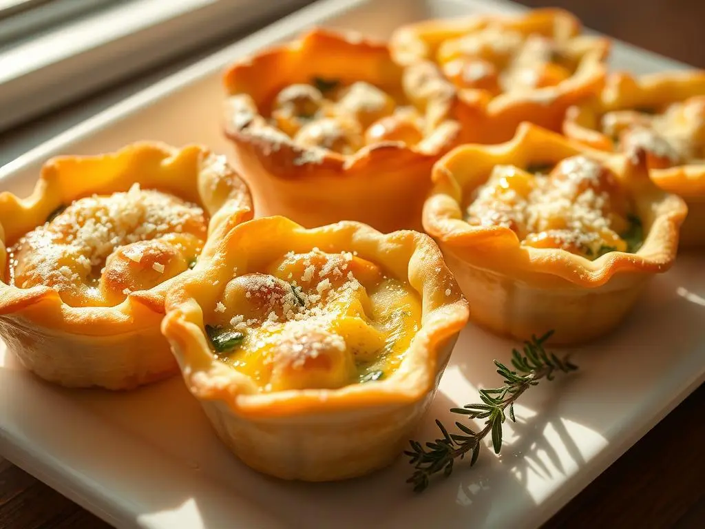 Golden, flaky puff pastry mini quiches filled with eggs, cheese, and vegetables, served on a platter.