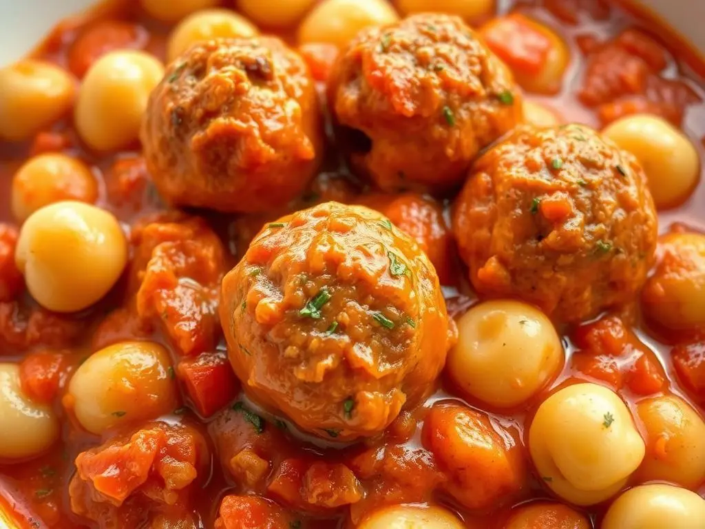 Delicious slow cooker tuscan chicken meatballs with gnocchi garnished with fresh basil and parmesan.