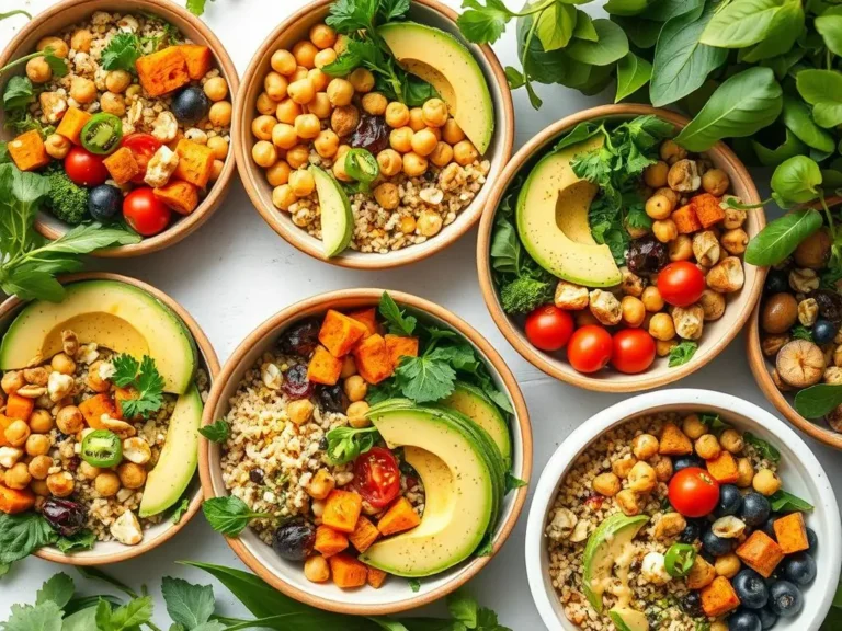 Colorful plant-based power bowl filled with quinoa, avocado, roasted chickpeas, and fresh veggies.