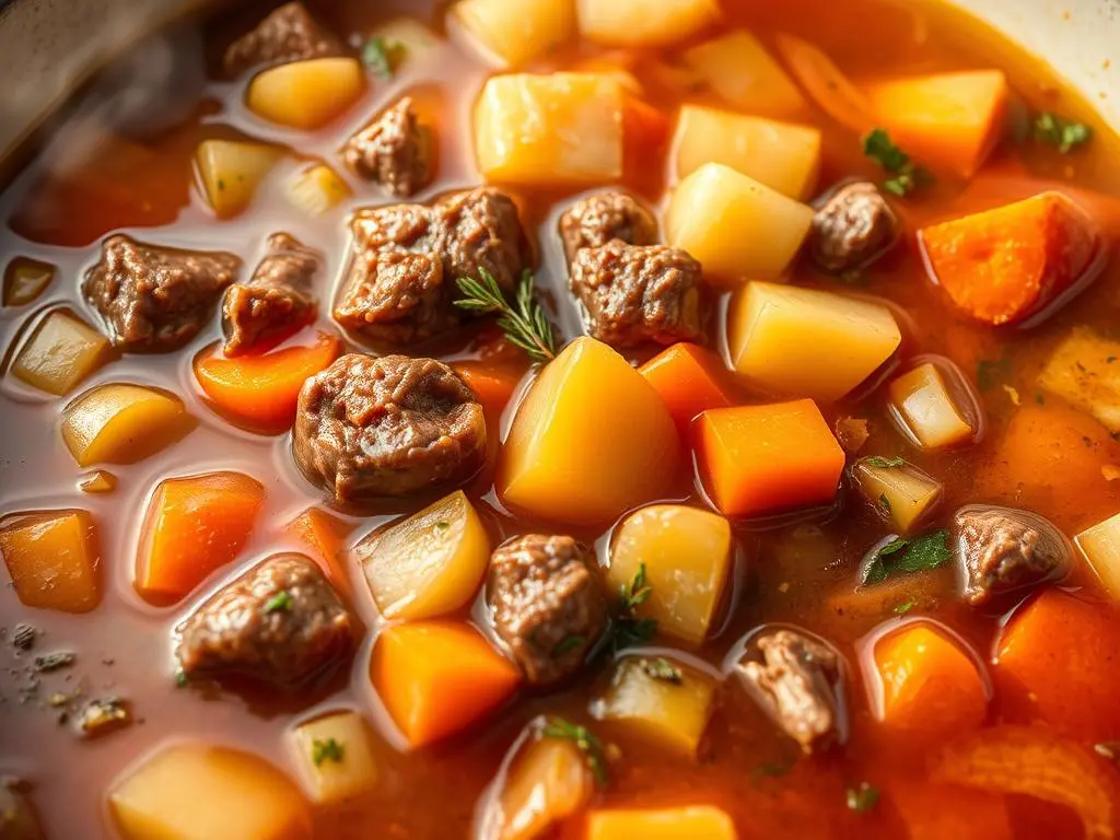 Easy homemade vegetable beef soup cooked in the Instant Pot, served in a rustic bowl with fresh herbs.