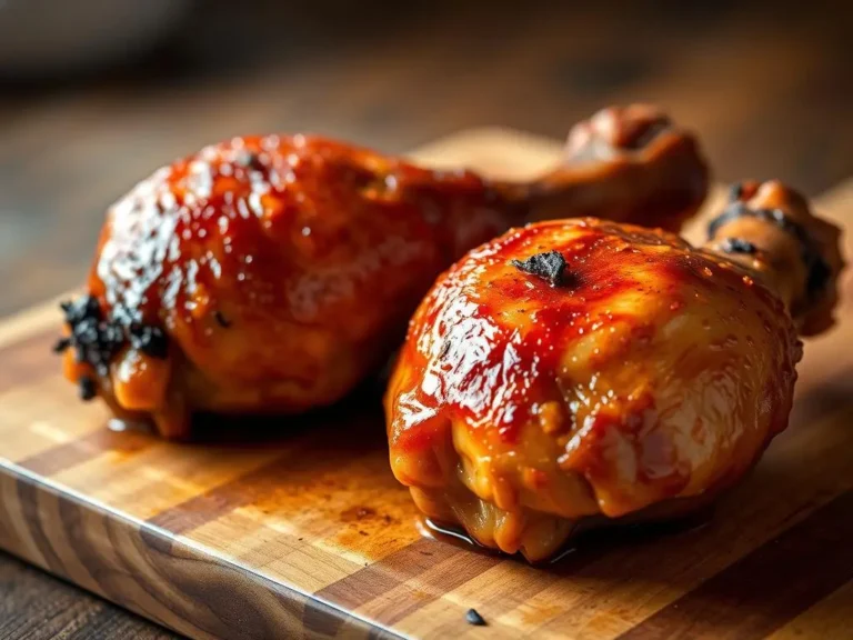 Smoked chicken drumsticks with crispy, golden skin and tender, juicy meat, garnished with fresh herbs and set against a rustic outdoor grilling scene.