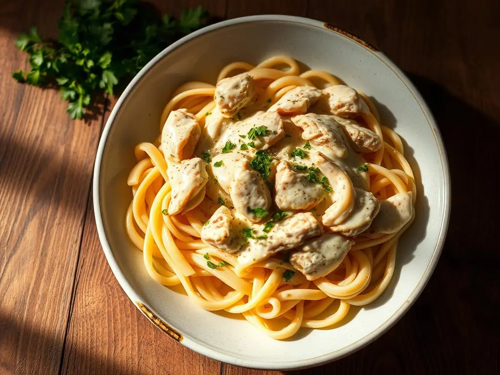 Homemade Cajun-spiced chicken Alfredo pasta garnished with fresh parsley and grated parmesan.