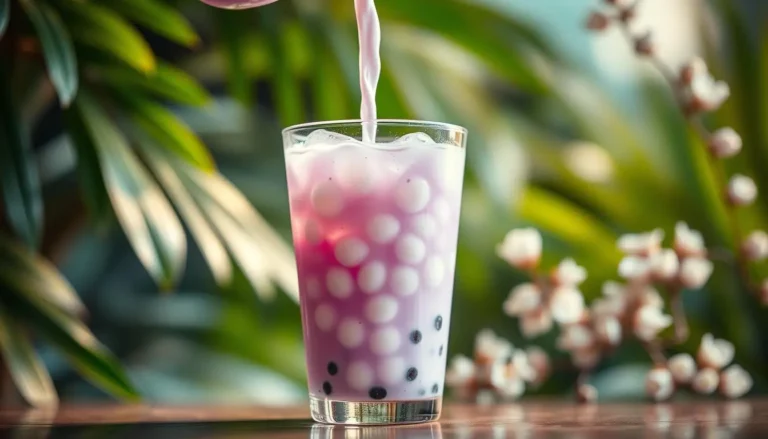 Creamy taro bubble tea in a tall glass with chewy black tapioca pearls and a wide straw.