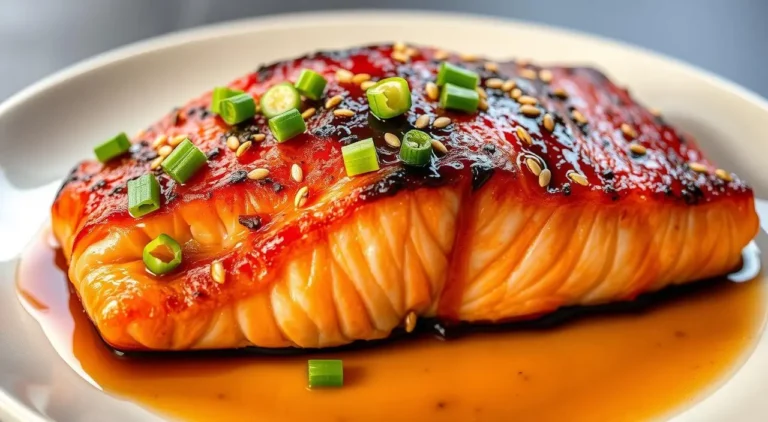 Glazed teriyaki salmon fillet topped with sesame seeds and green onions, served with steamed rice.