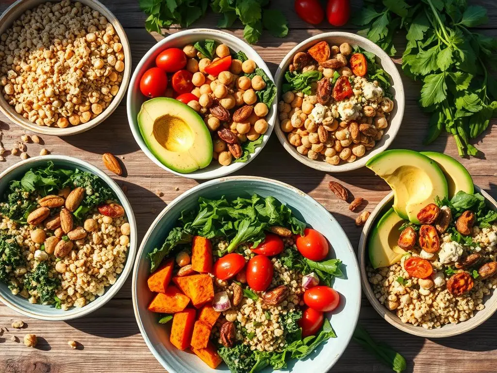 Healthy plant-based Buddha bowl topped with tofu, black beans, and a variety of vibrant vegetables.