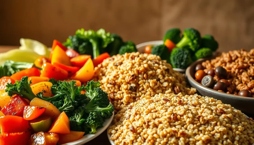 Wholesome Blue Zone-inspired meal with beans, leafy greens, and a side of whole-grain bread.