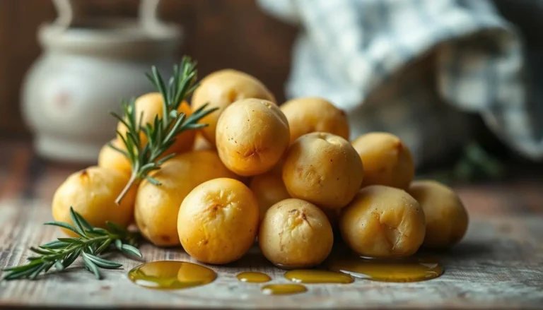 Roasted baby Dutch yellow potatoes with crispy golden edges, garnished with fresh herbs.