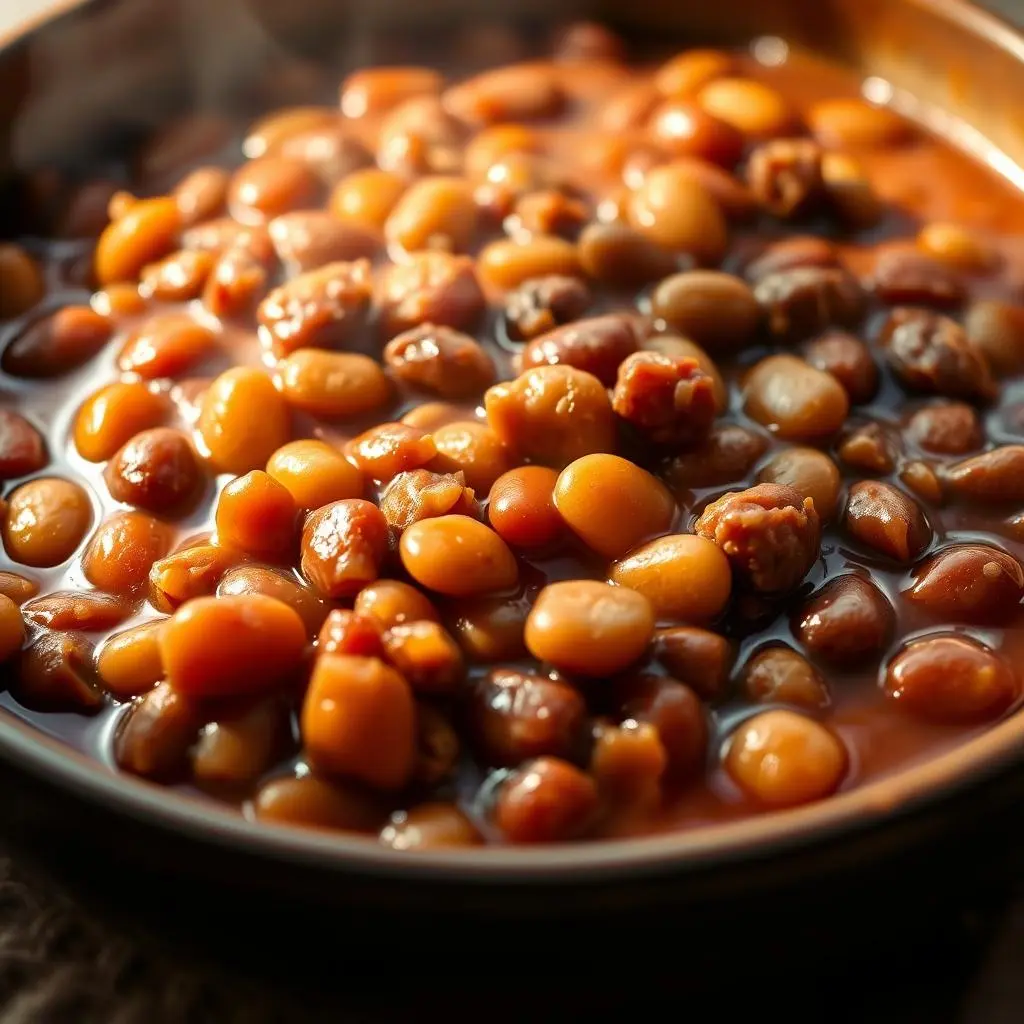 Savory baked beans with ground beef in a rich, smoky sauce, served in a rustic bowl.