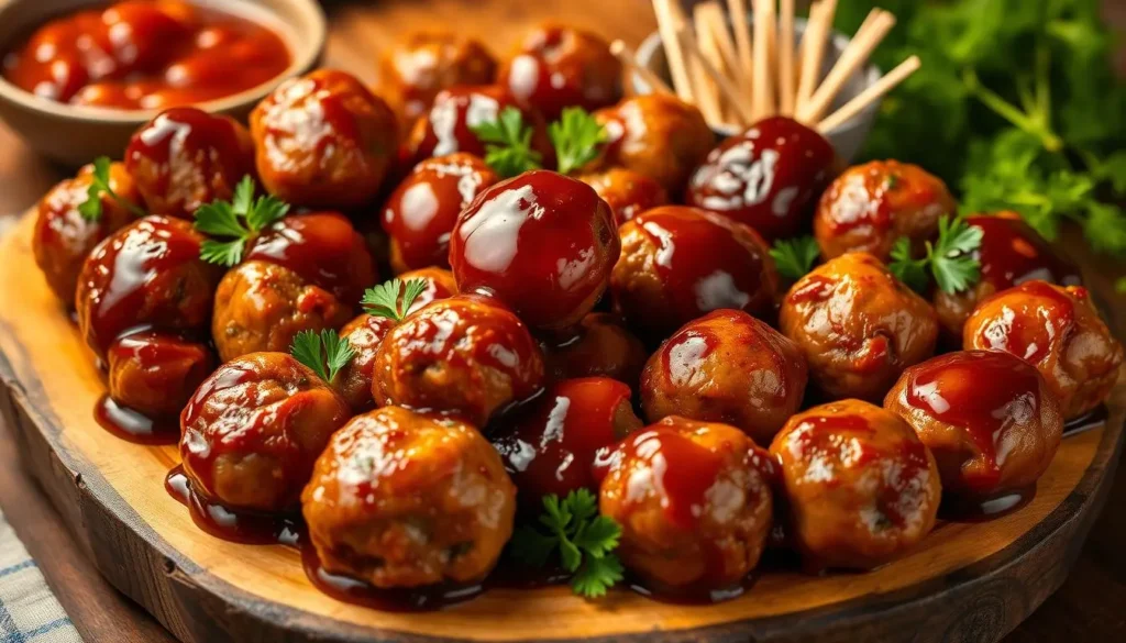 Easy party appetizer featuring juicy meatballs in a sticky grape jelly and barbecue sauce glaze.