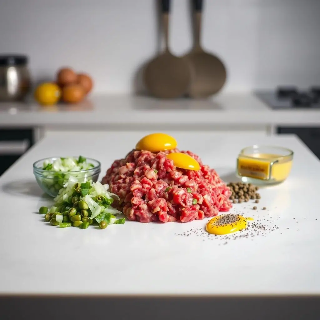 Gourmet steak tartare with finely chopped beef, onions, and seasonings, arranged on a rustic plate.