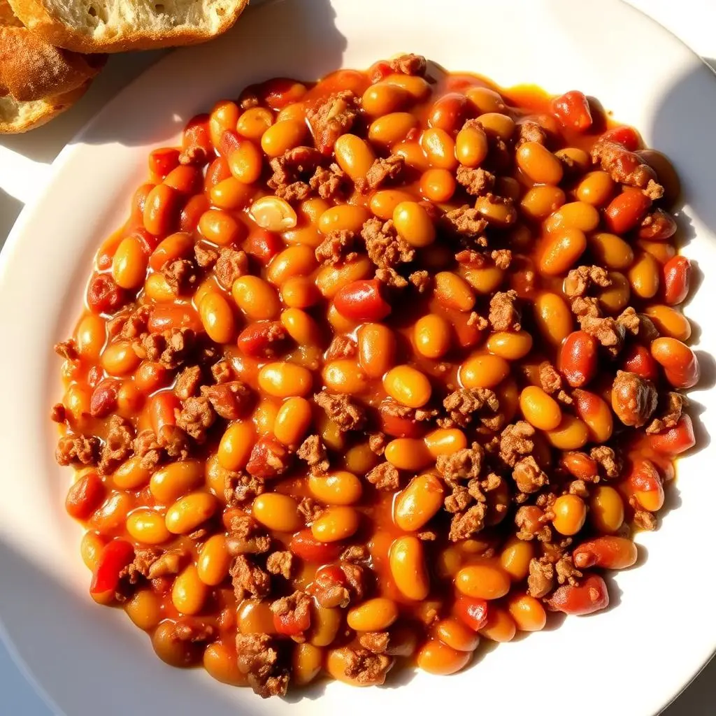 Hearty baked beans with seasoned ground beef, bacon, and onions, fresh out of the oven.