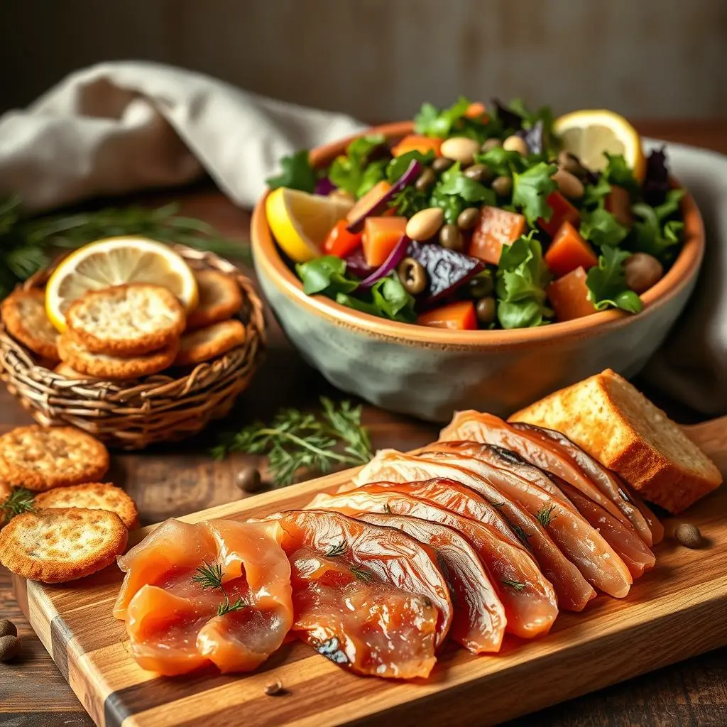 Delicious homemade smoked trout served on a wooden board with crackers and a creamy dip.