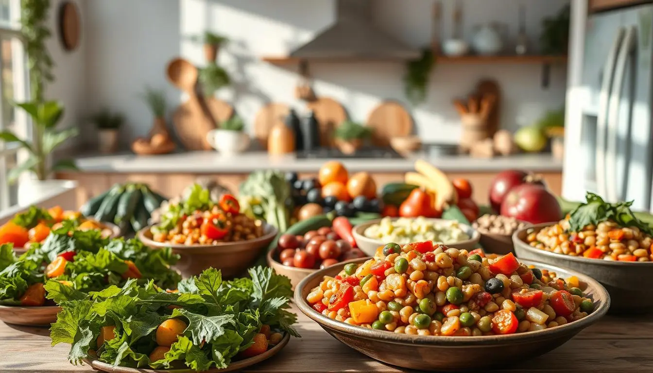 Nutritious Blue Zone diet meal with fresh vegetables, legumes, and whole grains, served on a rustic plate.