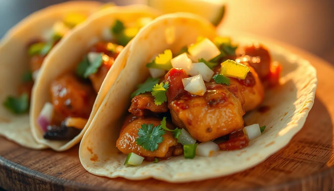 Chipotle honey chicken tacos topped with fresh cilantro, lime wedges, and a creamy drizzle.