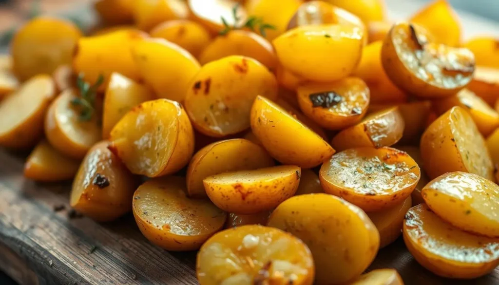 Buttery and tender baby dutch yellow potatoes recipe served in a rustic bowl with garlic and rosemary.