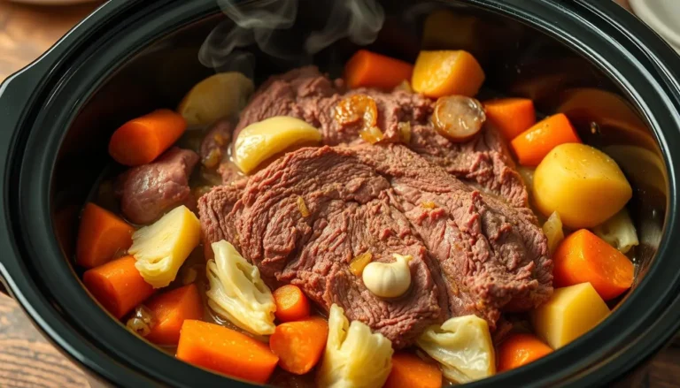 Tender slow-cooked corned beef in a crockpot with cabbage, carrots, and potatoes.