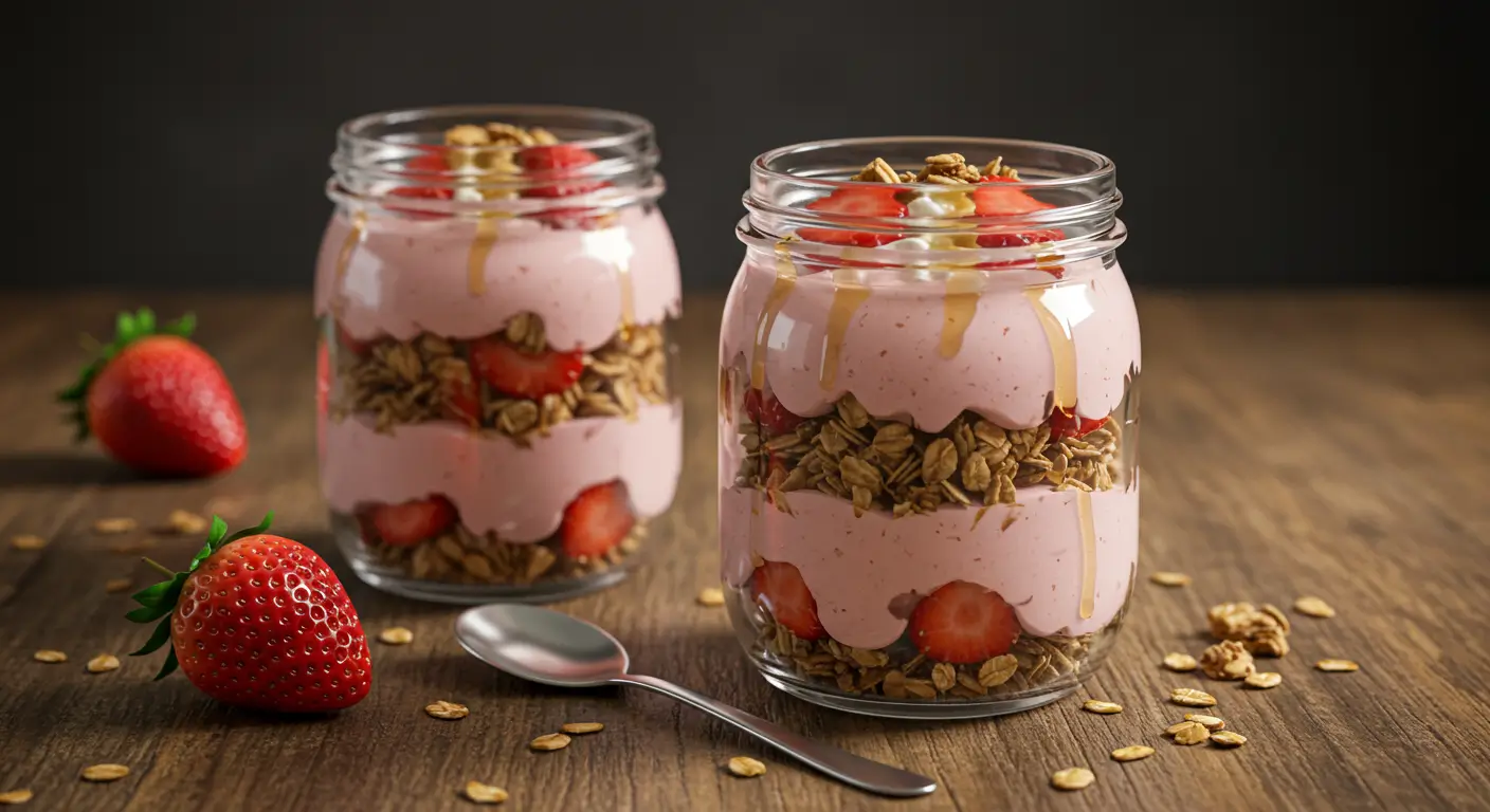 strawberry cottage cheese dessert in parfait glass
