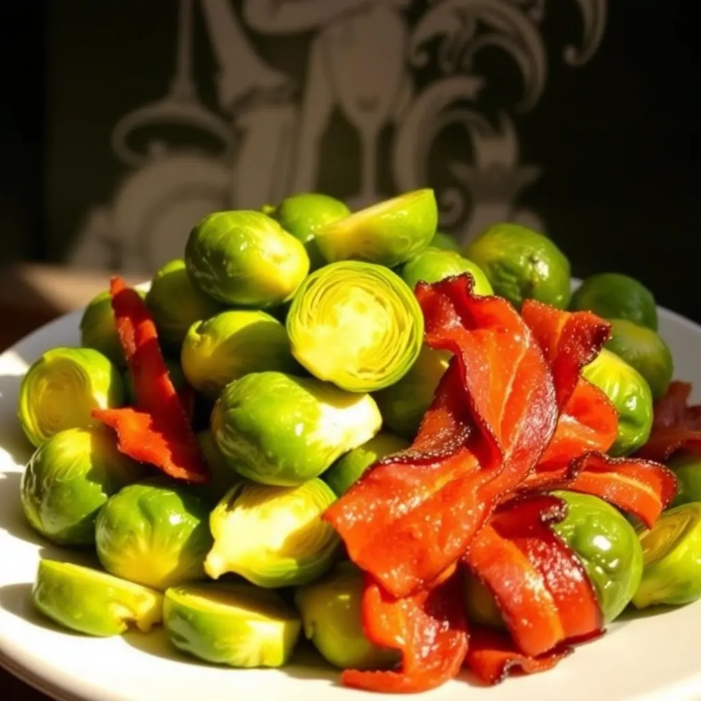 Roasted Brussels sprouts with a golden-brown caramelized exterior, served as a delicious side dish.