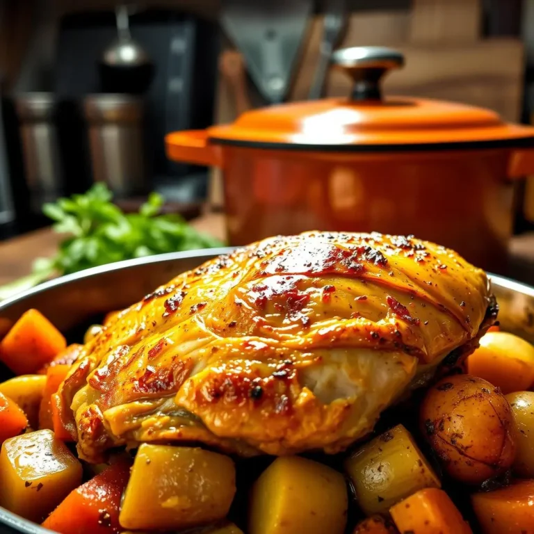 Juicy Dutch oven chicken breast cooked to perfection with herbs and garlic, served with roasted vegetables.