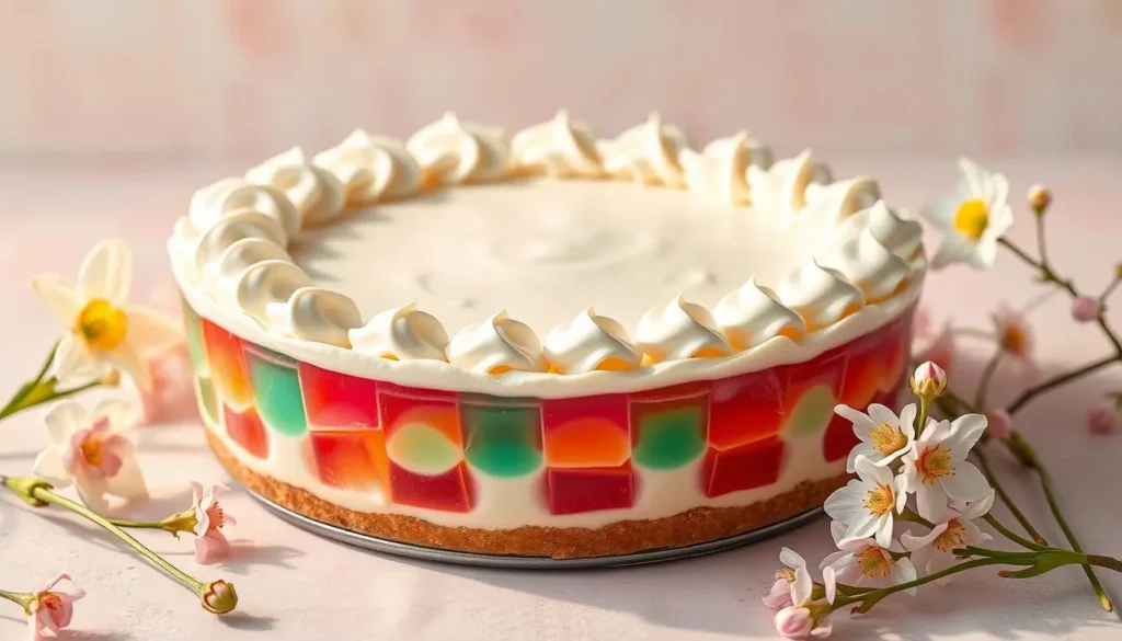 Slice of colorful Easter Jello pie on a plate, featuring a graham cracker crust and fluffy filling.