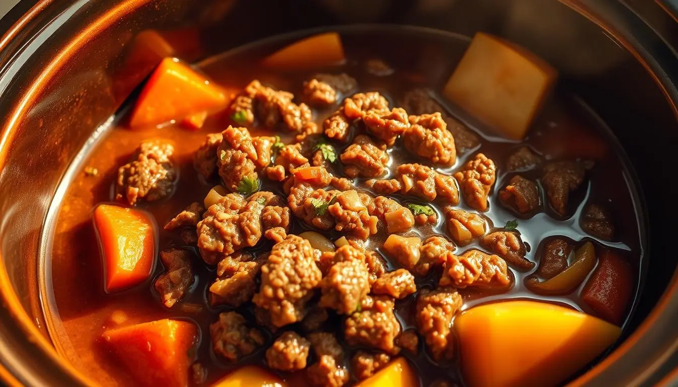 Savory ground beef crock pot chili with beans, tomatoes, and spices, served in a bowl.