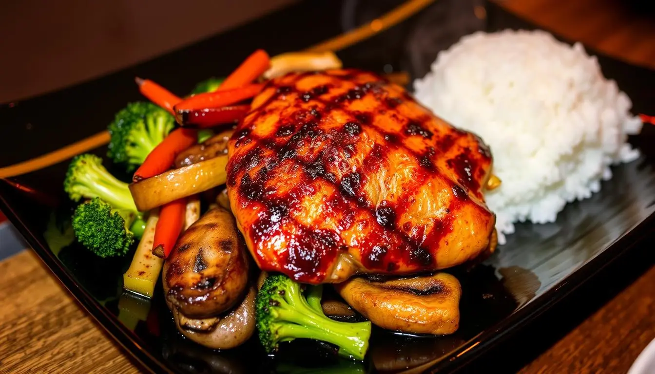 Savory hibachi chicken served with fried rice, grilled vegetables, and a drizzle of yum yum sauce.