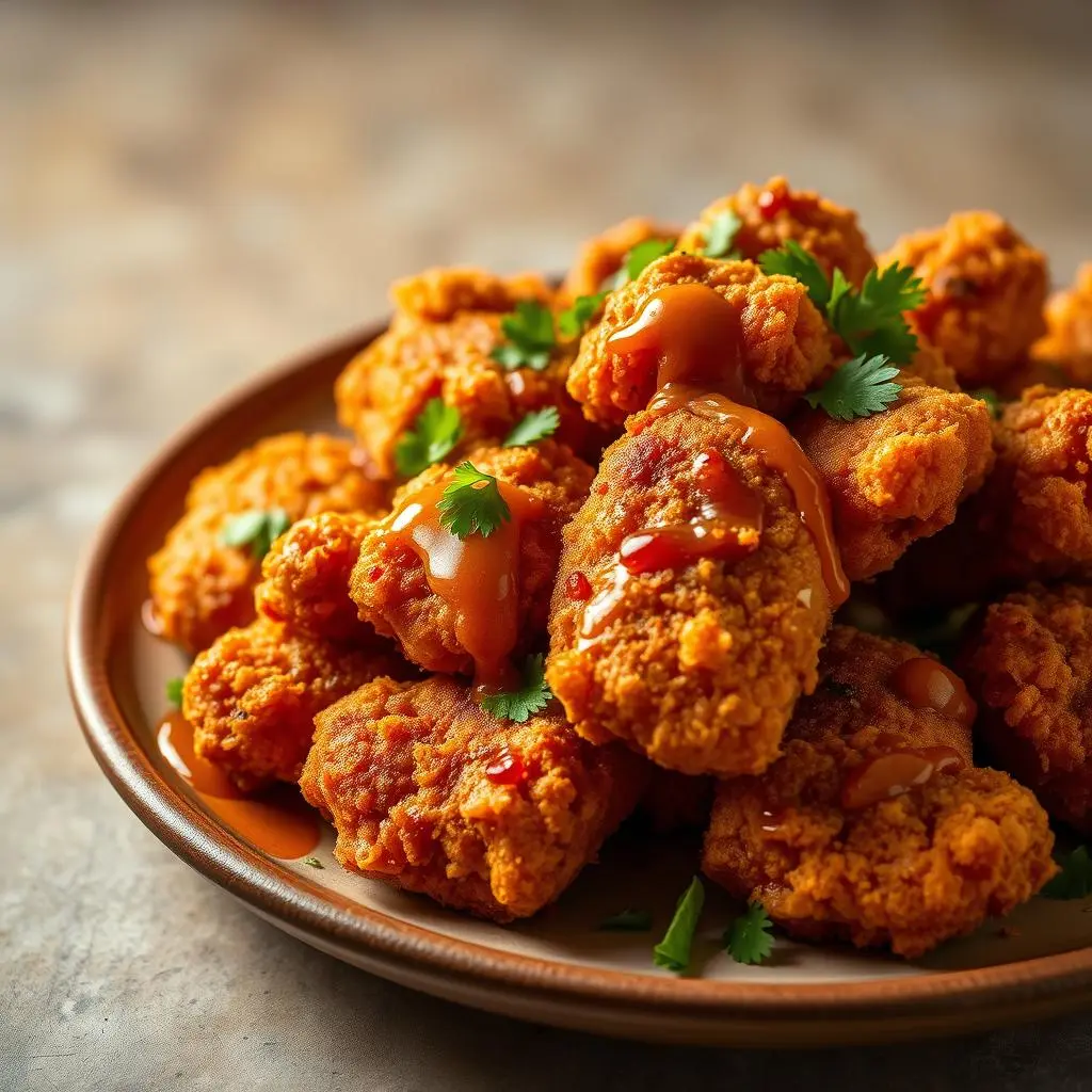 Crispy honey chipotle chicken crispers coated in a sweet and spicy glaze, served with ranch dipping sauce.