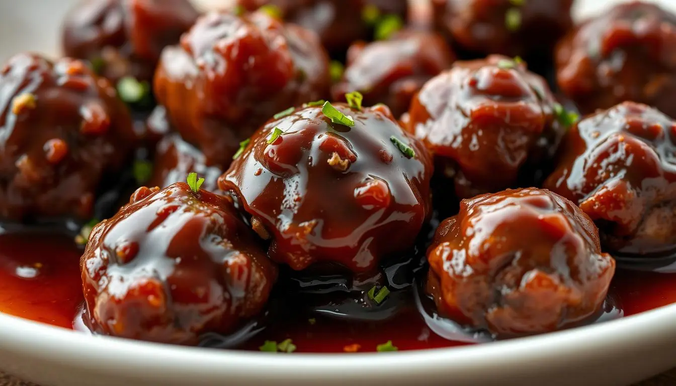 Savory meatballs simmered in a rich grape jelly and BBQ sauce glaze, served in a bowl.