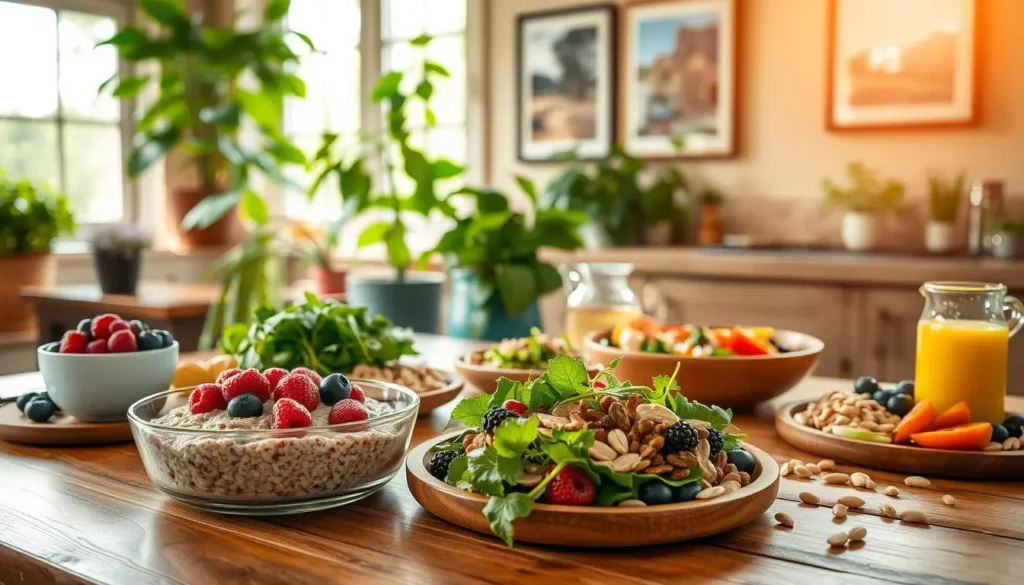 Wholesome Blue Zone diet breakfast with whole-grain toast, avocado, and a side of fresh greens.