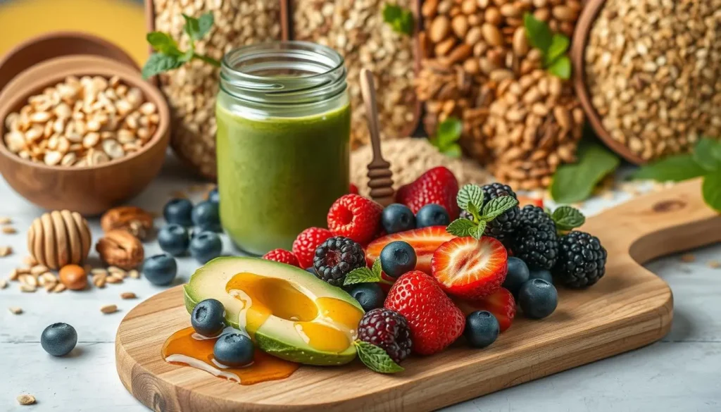 Delicious plant-based Blue Zone breakfast featuring oatmeal, berries, and a drizzle of honey.