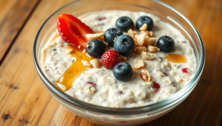 Creamy protein overnight oats topped with fresh berries, almonds, and a drizzle of honey.