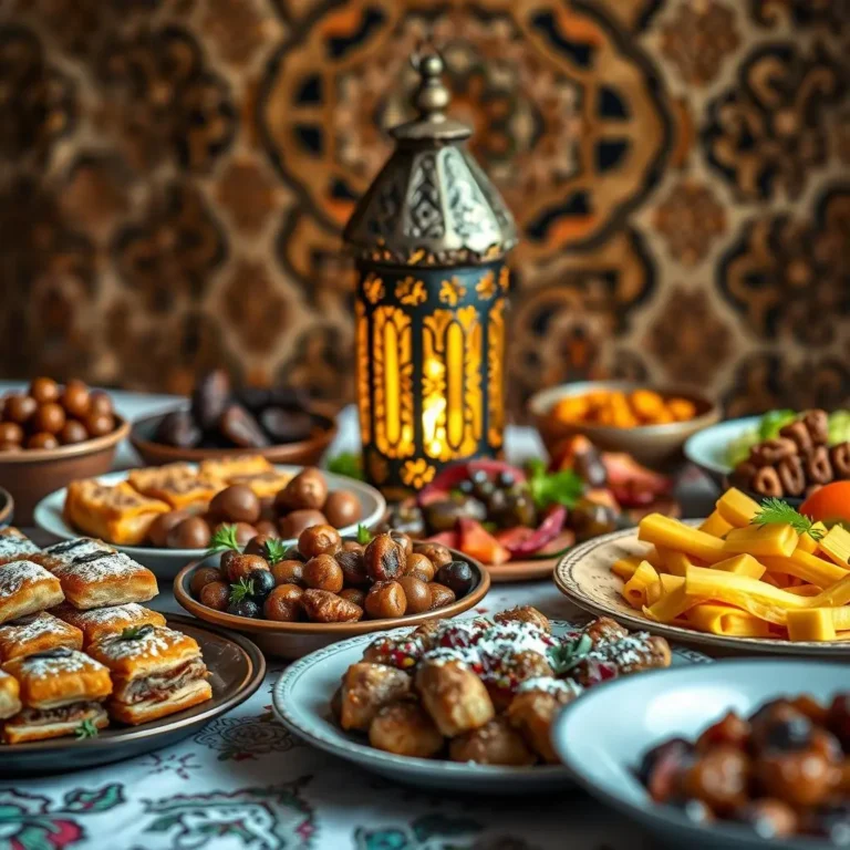 Delicious Ramadan iftar spread featuring samosas, dates, lentil soup, and refreshing drinks.